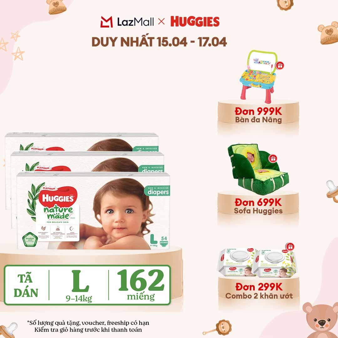 [CHỈ 18-24.04 QUÀ TẶNG ĐƠN 399K](Mua 1 tặng 1) Combo 3 Tã/Bỉm dán HUGGIES PLATINUM NatureMade L54 (9-14kg)-Gói Jumbo 54 miếng