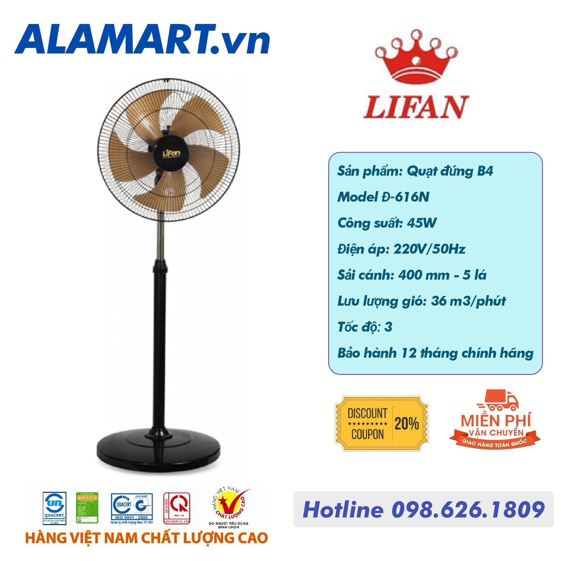 [HCM]Quạt Đứng Lifan Đ-616A ( MÀU TRẮNG - LỒNG XI)