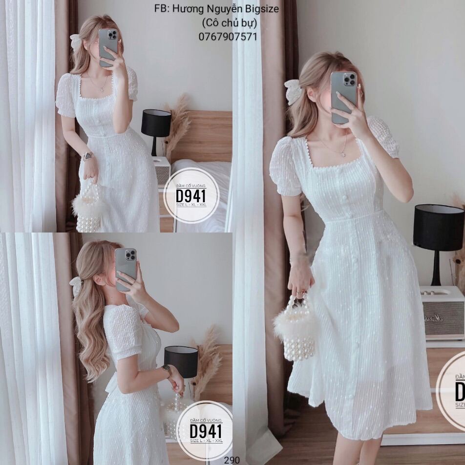 Váy - Đầm trắng tay bồng cổ vuông siêu xinh | Shopee Việt Nam