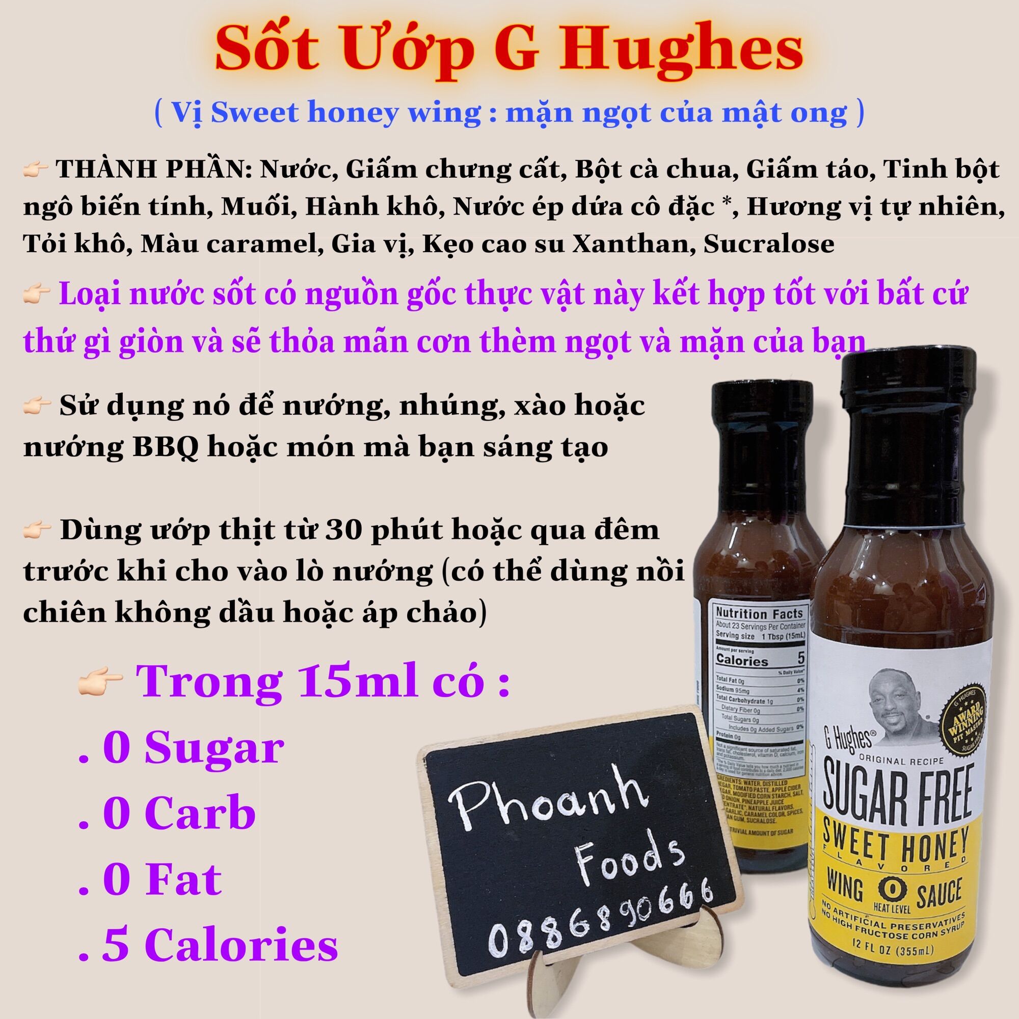 Sốt G Hughes - Sweet honey wing : vị chua ngọt của mật ong ( 0 sugar, 0 carb, 5 calories )/15ml