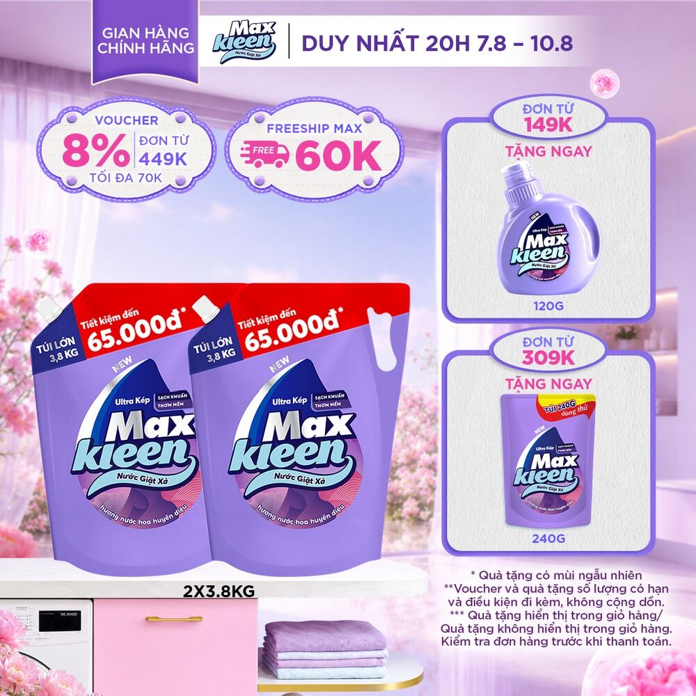 Combo 2 túi nước giặt xả cho máy giặt MaxKleen hương Hoa nắng/ Huyền diệu/ Vườn sớm mai 3.8kg
