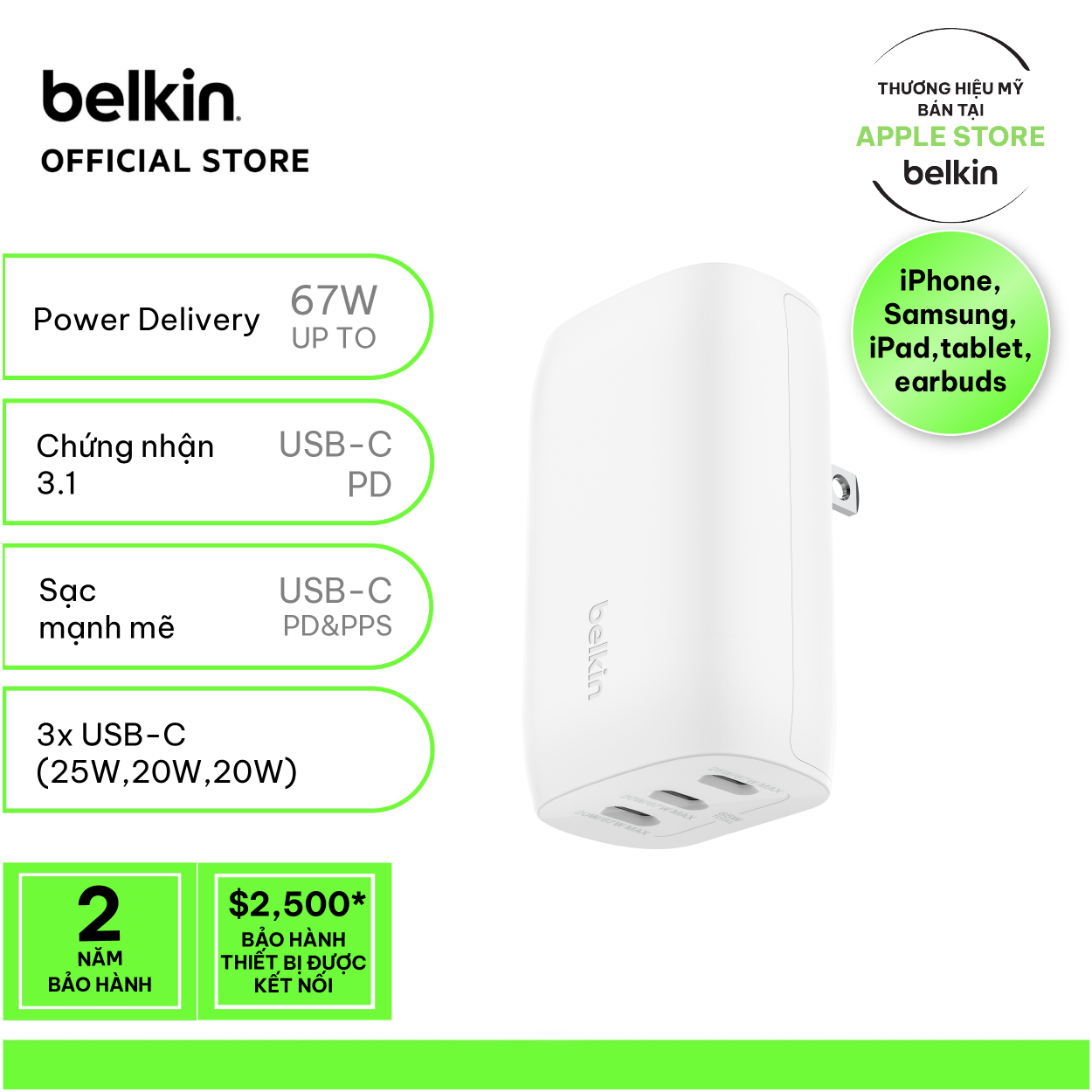 Sạc nhanh Belkin BoostCharge 67W USB-C PD PPS 3 cổng - sạc nhanh đồng thời cho điện thoại, laptop và máy tính bảng