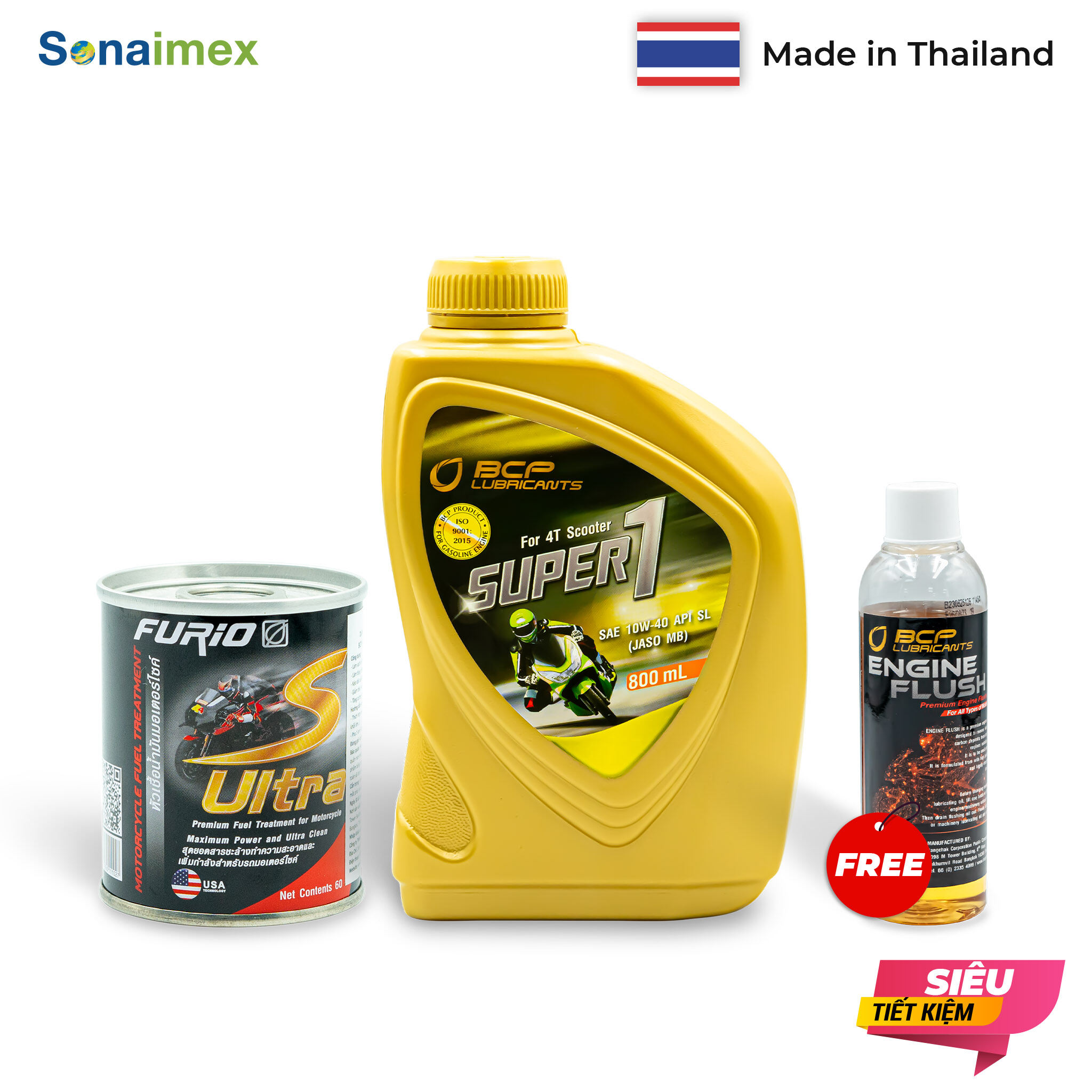 [Bốc Như Mới] Combo Nhớt Xe máy Tay Ga BCP Thái Lan nhập khẩu – SUPER 1 – 10W40 SL – 0.8 Lít + Dung Dịch Vệ Sinh Buồng Đốt Xe Máy BCP S ULTRA - 60ml TẶNG Dung Dịch Súc Rửa Động Cơ Xe Máy BCP Engine Flush – 100 ml