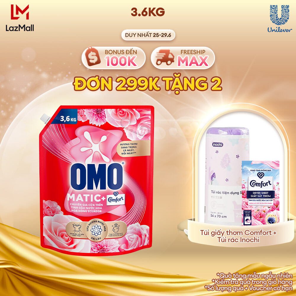 Nước giặt OMO Matic Comfort Hương Hoa Hồng Ecuador cho máy giặt cửa trên, với 3 tầng hương giúp thơm bền lâu, túi 3.6kg