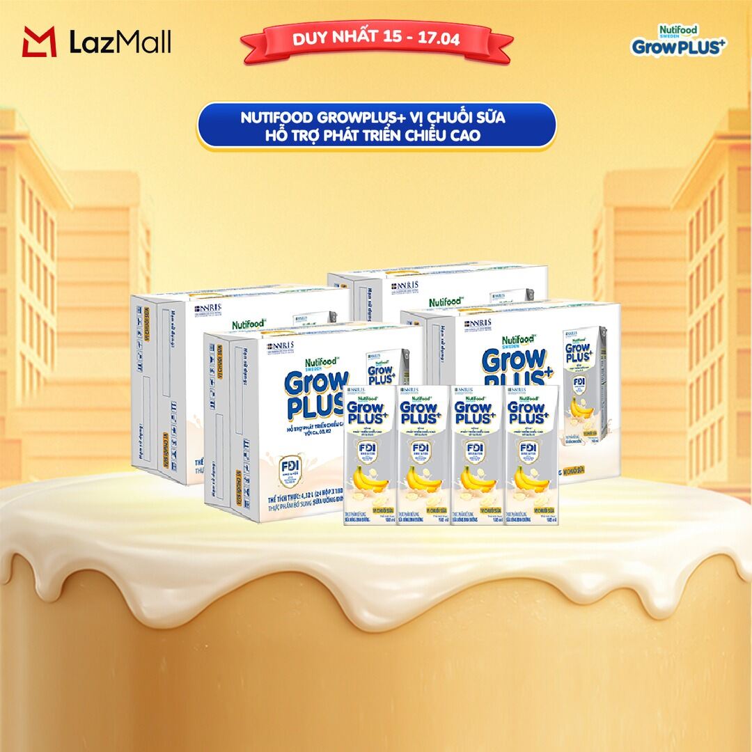 Combo 4 Thùng 24 hộp Sữa bột pha sẵn Nutifood GrowPLUS+ Vị Chuối Sữa hộp 180ml - Hỗ trợ phát triển chiều cao