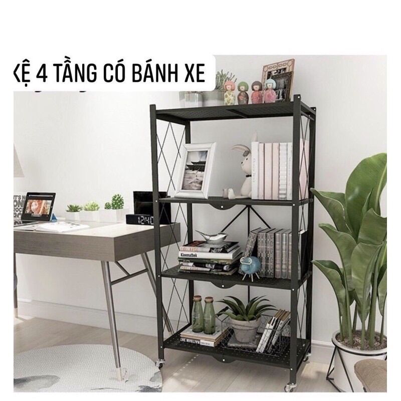 Kệ sắt 4 tầng gấp gọn có bánh xe