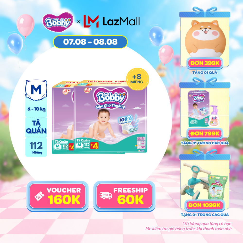 [20g 7-10.8 QUÀ TO][TẶNG MIẾNG NGẪU NHIÊN] Combo 2 Tã/bỉm quần Bobby 3mm Mega Jumbo Siêu khô thoáng M112