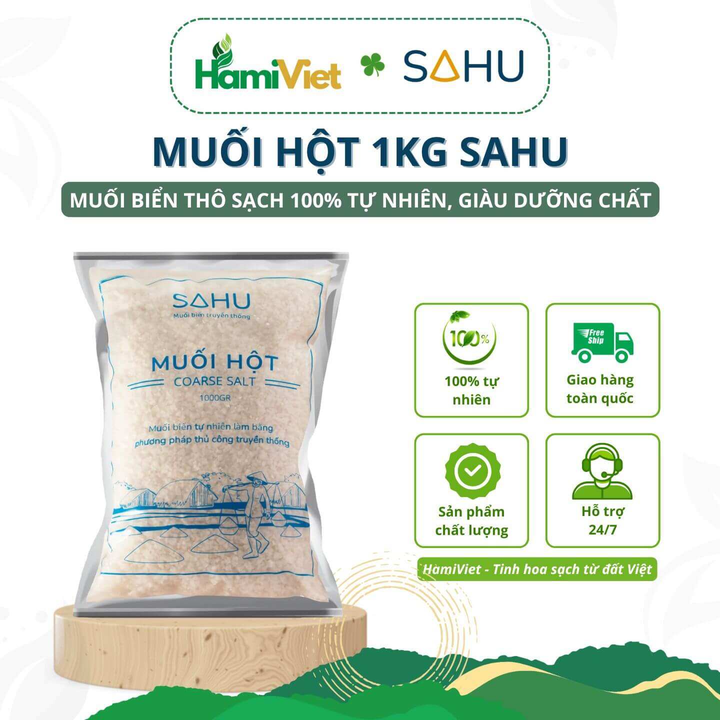 Muối hột 1kg Sahu được làm từ 100% muối biển sạch tự nhiên làm theo phương pháp truyền thống