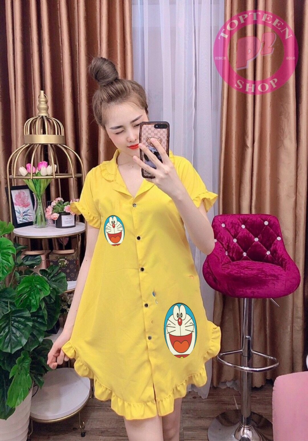 Đầm sơmi kate lụa mặc nhà cho nữ - Đầm ngủ mặc nhà - M42