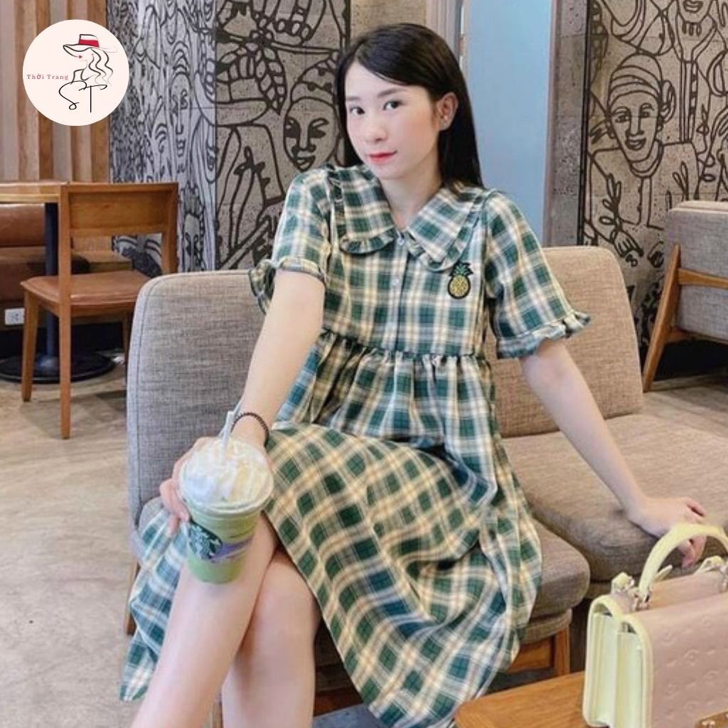 Đầm bầu cổ sơ mi baby doll dễ thương