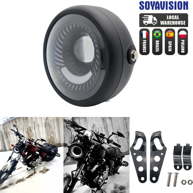 Đa Năng 6.5 Inch H4 Led Xe Máy Đèn Pha Cafe Race Bobber Xoắn Ốc Trắng Bên Gắn Chân Đế Drl Đèn Hội Cho Xe Máy