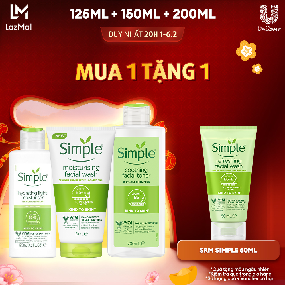 Combo Simple Tẩy trang Micellar 400ml hoặc 200ml/Sữa dưỡng ẩm 125ml + Sữa rửa mặt 150ml + Nước hoa hồng Toner 200ml cho da ẩm mịn đàn hồi [CHÍNH HÃNG ĐỘC QUYỀN]