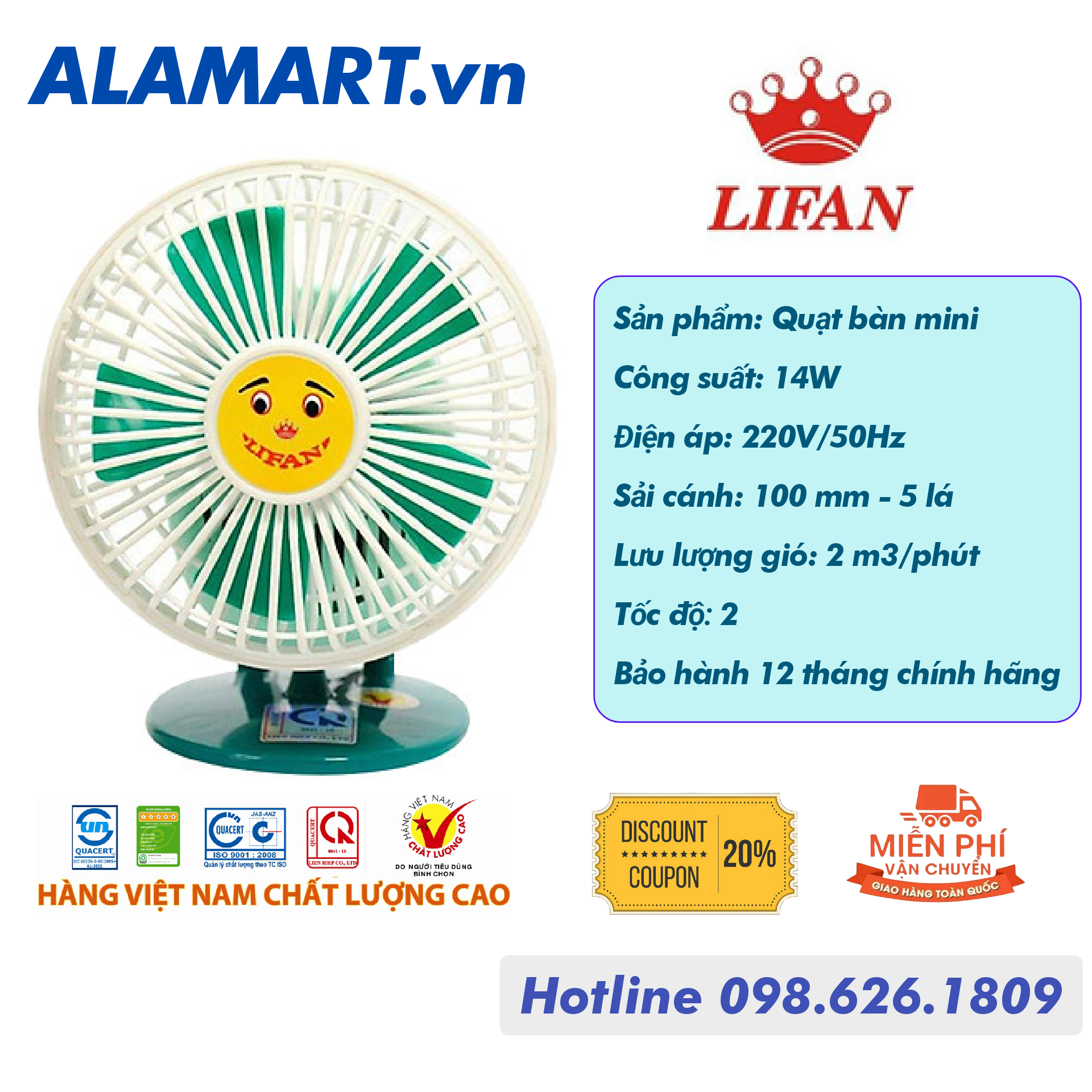 [HCM]Quạt bàn mini Lifan GN-4 - xanh lá (15W)