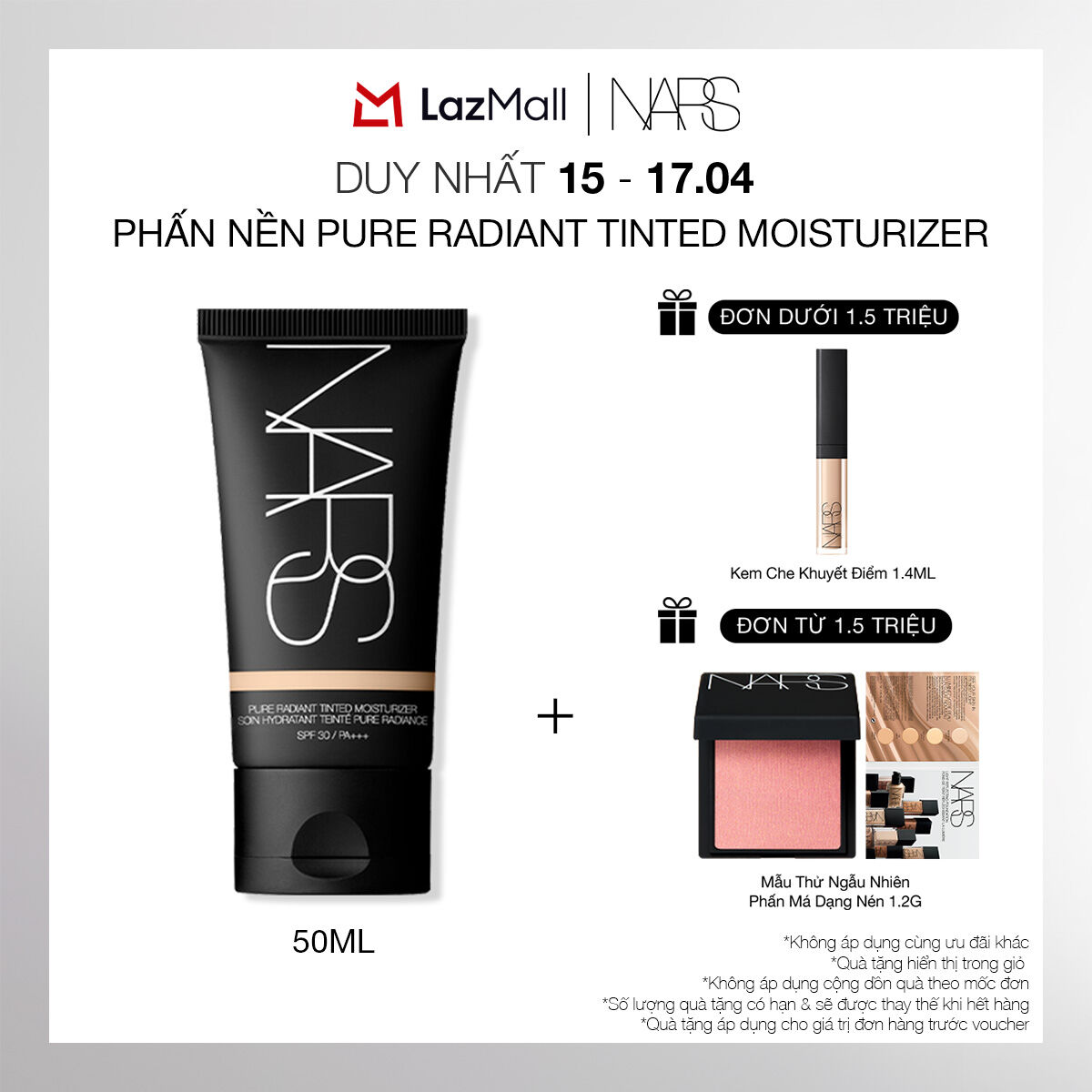 Phấn nền dạng kem NARS Pure Radiant Tinted Moisturizer SPF 30/PA+++ 50ml