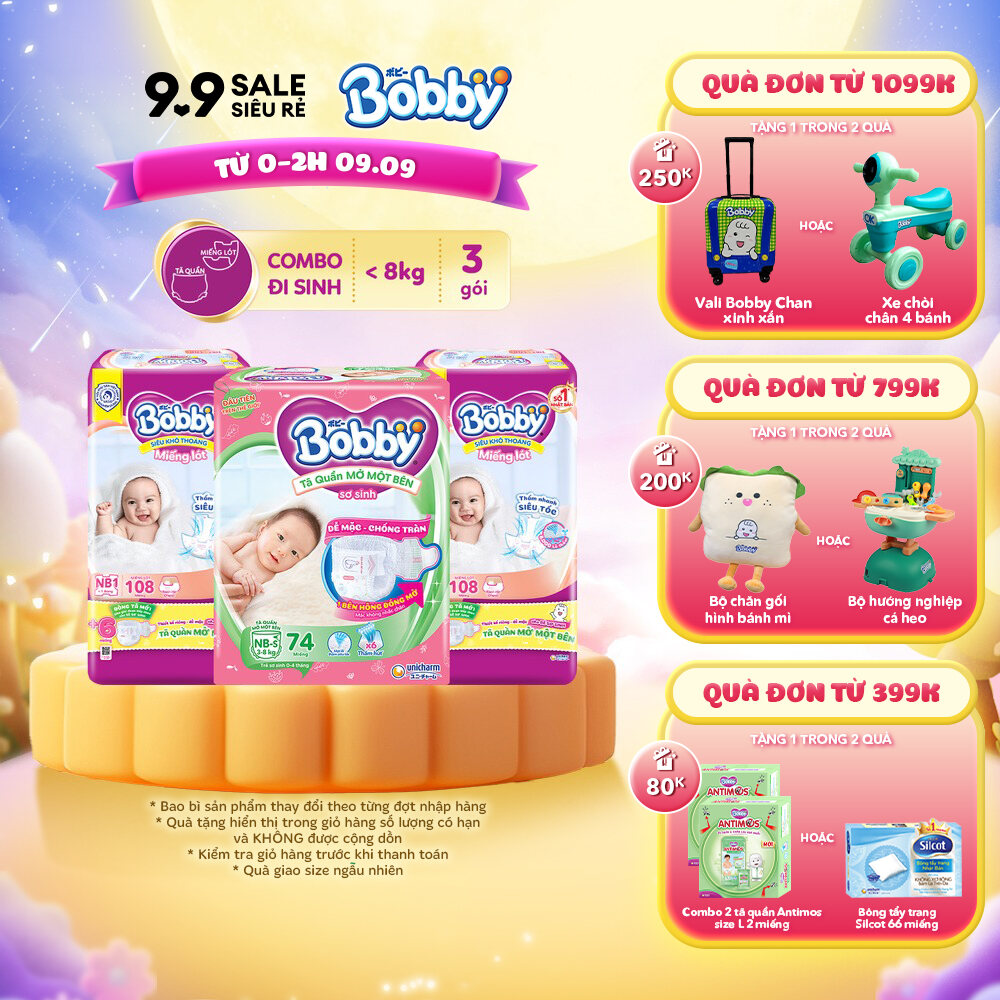 [TẶNG MIẾNG NGẪU NHIÊN] Combo sơ sinh gồm 02 Miếng lót Bobby Newborn 1-108 miếng và 01 gói Tã quần m