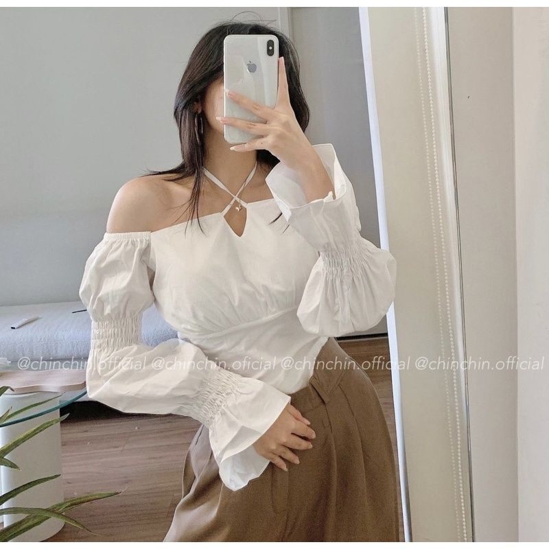 Áo croptop cổ vuông bẹt vai tay dài phồng eo thắt nơ ngực tiểu thư retro a5300