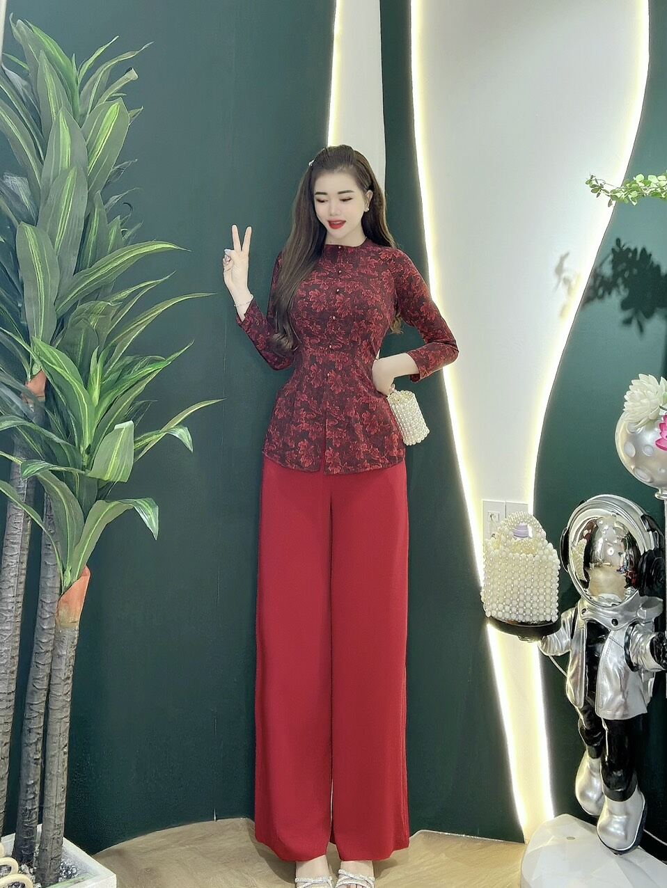 Bộ bà ba cổ tròn nút ngọc thân liền/ Sét bà ba cổ tròn
