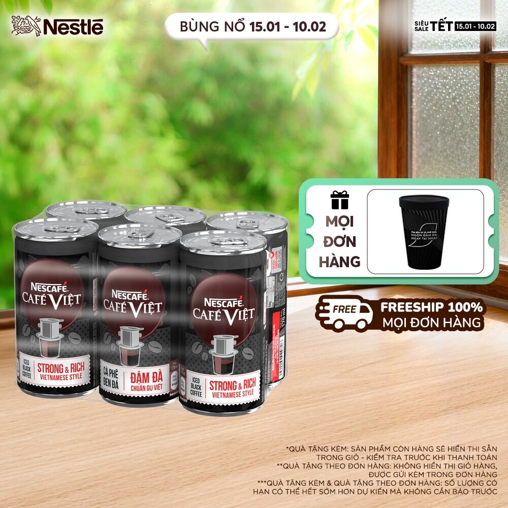 [ƯU ĐÃI THÁNG 2] Lốc 6 Lon Cà phê đen uống liền NESCAFÉ® CAFÉ VIỆT (lon 170 ml)