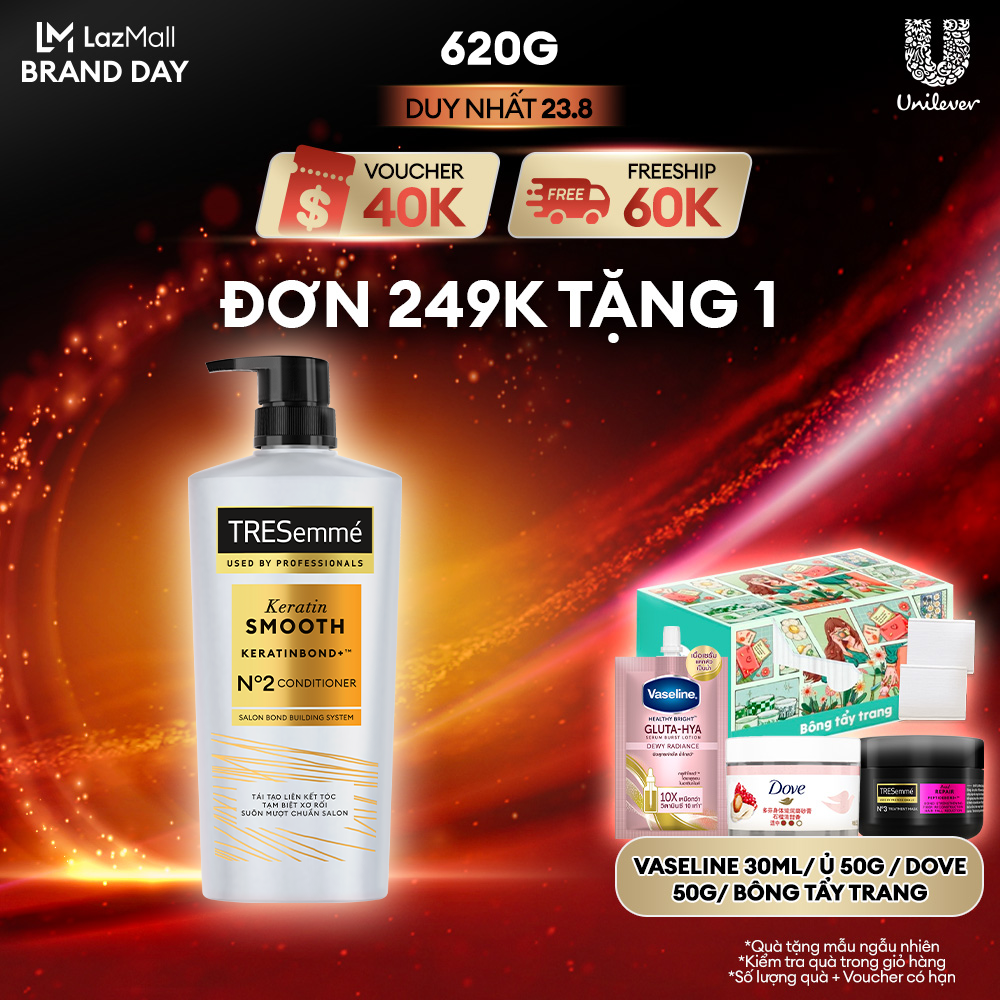 Dầu Xả TRESemmé Keratin Smooth Keratinbond+ 620g Cho Tóc Khô Xơ Rối Vào Nếp Suôn Mượt