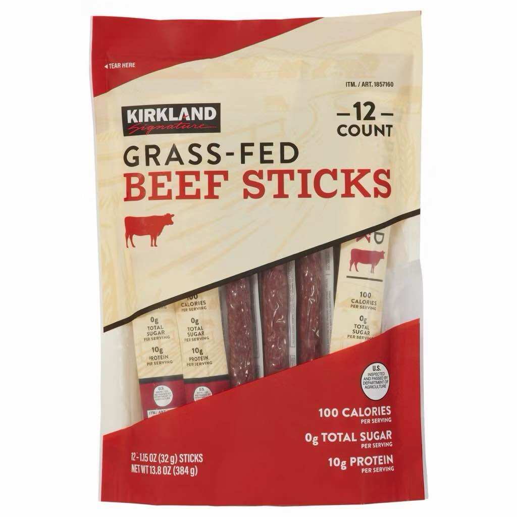 Thịt Bò Ăn Liền Kirkland Signature Grass-Fed Beef Sticks của Mỹ túi 12 thanh trọng lượng 384gr