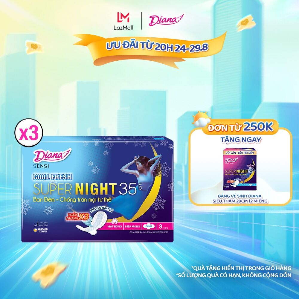 Combo 3 băng vệ sinh diana sensi cool fresh ban đêm 35cm gói 3 miếng