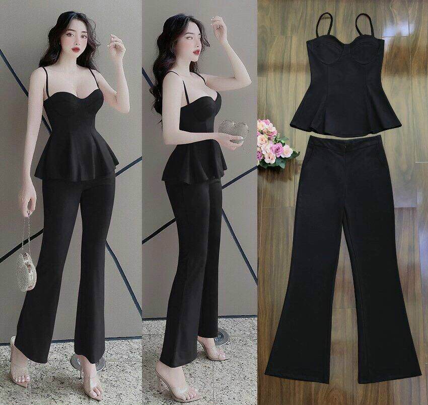 Set nguyên bộ áo cúp ngực 2 dây quần dài ống loe dây kéo trước