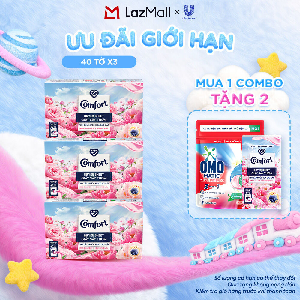 Combo 3 Hộp Giấy Thơm Comfort Hương Mẫu Đơn Và Hoa Hồng Ohara 40 tờ/hộp, Dành Cho Máy Sấy Quần Áo, Tủ Quần Áo