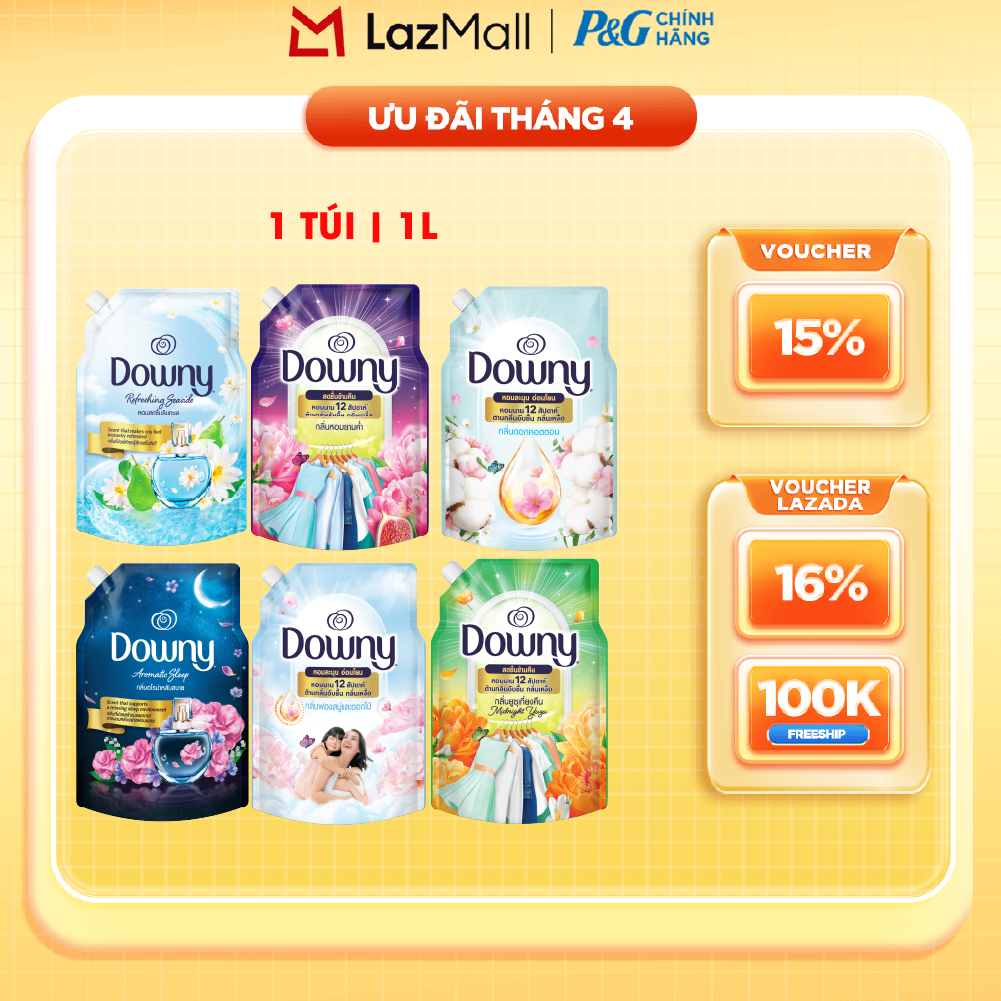 Nước Xả Vải Đậm Đặc DOWNY Hoa Đêm/ Bờ Biển Tươi Mát/ Giấc Ngủ Thư Thái/ Tinh Khôi/ Đam Mê/ Nắng Mai/ Bung Tỏa Hạnh Phúc/ Cotton Thuần Khiết Túi 1L