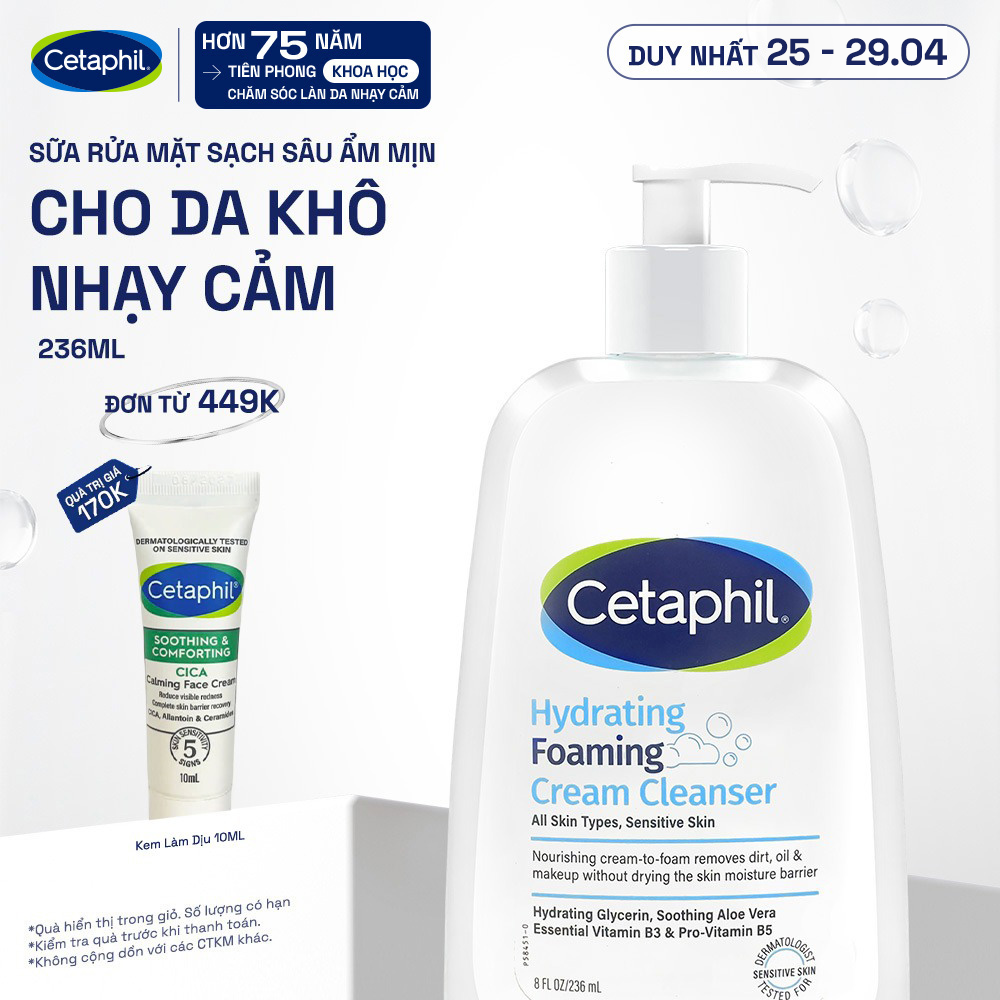 [GIẢM ĐẾN 24% + QUÀ 120K] Sữa rửa mặt tạo bọt dịu lành cho da khô nhạy cảm Cetaphil Hydrating Foaming Cream Cleanser 236ml [HSD 08/2026]
