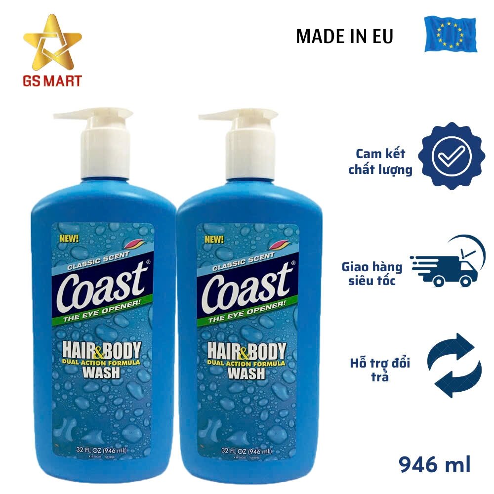  Dầu gội đầu kiêm sữa tắm cho nam Coast hàng Mỹ chai 946ml hương thơm nam tính chống nhờn cho da thành phần từ thiên nhiên an toàn cho mọi loại da 