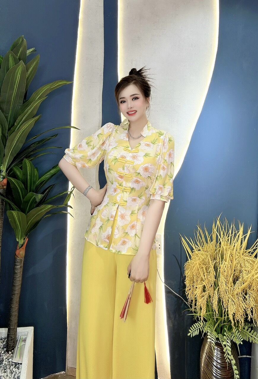 Bộ bà ba cổ tim tay phồng