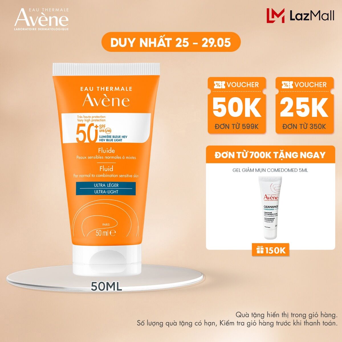 Kem chống nắng quang phổ rộng cho da thường hỗn hợp nhạy cảm AVÈNE PROTECTION FLUID 50+ BLUE LIGHT 50ml