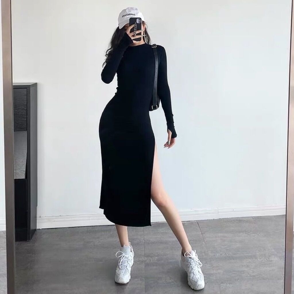 Đầm ôm đen tuyền sang chảnh xẻ 2 bên DX