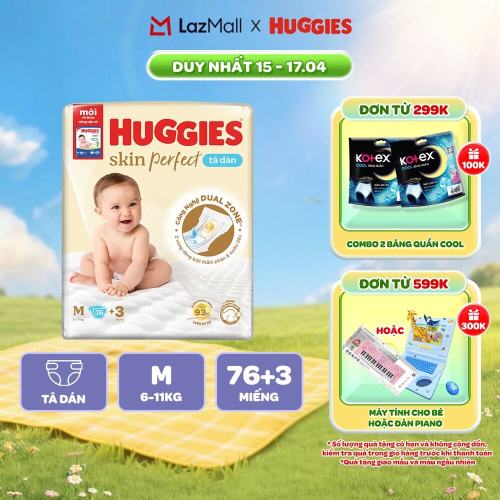 Tã/Bỉm Dán Sơ sinh Huggies Skincare Super Jumbo M76+3/L68/XL60/XXL54 Với 2 Vùng Thấm Giảm Kích Ứng Da