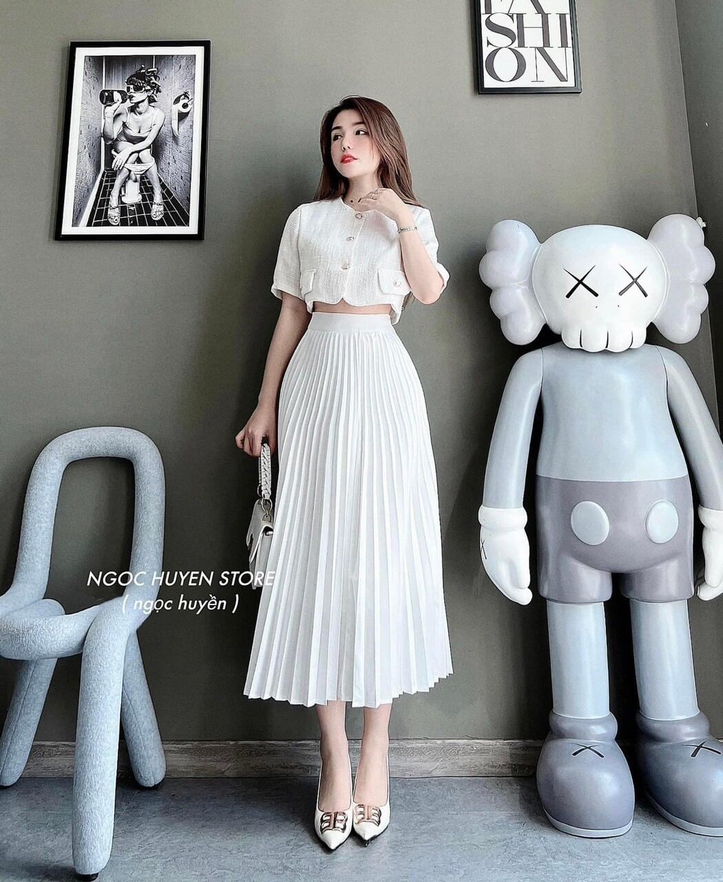 Set chân váy dập ly dài phối áo sơ mi croptop hàng đẹp bán shop/ set chân váy dập ly dài 2 lớp lưng bảng có khoá kéo