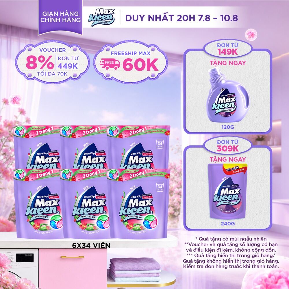 Combo 6 Túi viên giặt xả MaxKleen hương Nước Hoa Huyền Diệu (34 viên/ túi)