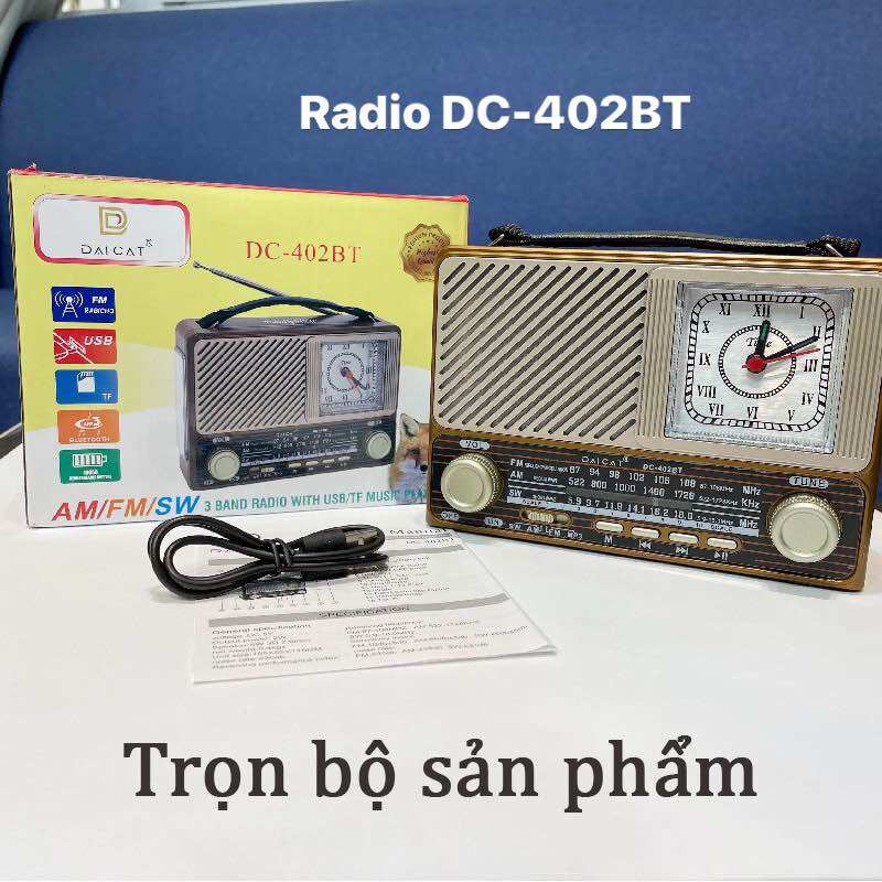 Đài fm radio -402bt có đồng hồ ,nghe nhạc qua usb,thẻ nhớ fm/am/sw quà tặng ông bà -hàng chính hãng