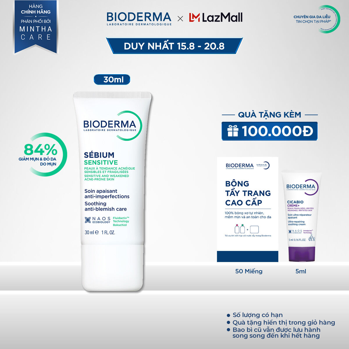Kem dưỡng giảm mụn cho da mụn viêm nhạy cảm Bioderma Sebium Sensitive - 30 ml