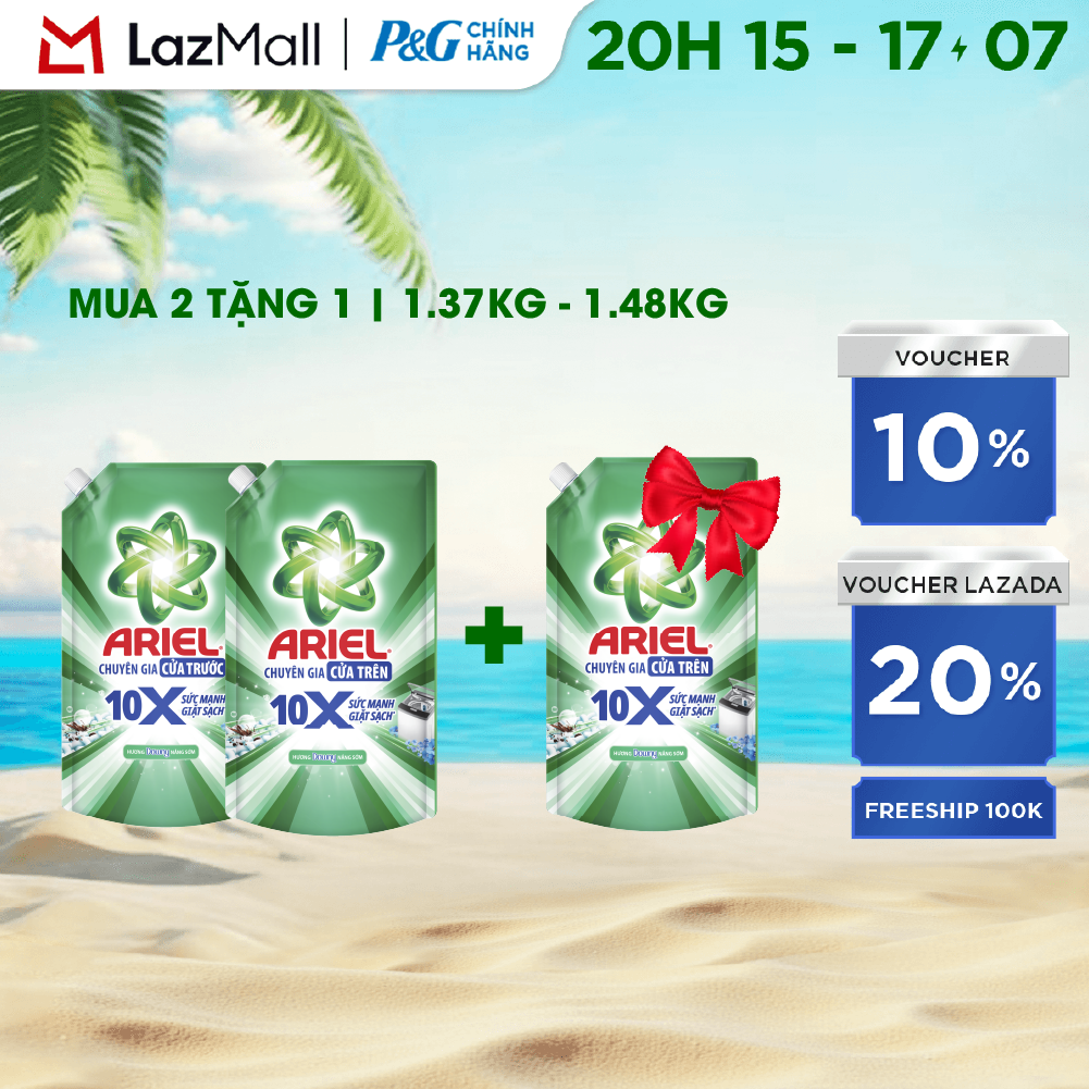 [MUA 2 TẶNG 1] Combo 3 Nước Giặt Gel ARIEL 10X Sức Mạnh Giặt Sạch Chuyên Gia Cửa Trước-Cửa Trên Hương Downy Nắng Sớm Túi1.37KG/1.48KG