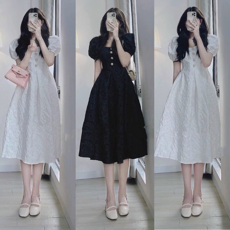 Váy đầm nữ dự tiệc, đầm váy nữ công sở xòe chất gấm tay phồng cổ vuông đính nút ngọc 2 màu đen, trắng đi chơi, đi làm