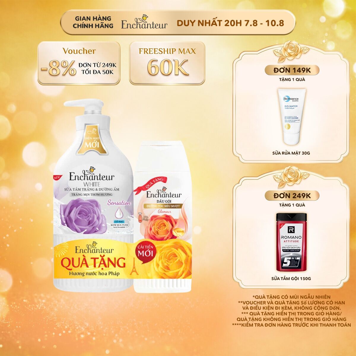 [MUA 1 TẶNG 1] Sữa tắm Enchanteur hương nước hoa Charming/Glamour/Sensation/Romantic 650g TẶNG 1 Túi sữa tắm 200g/150g