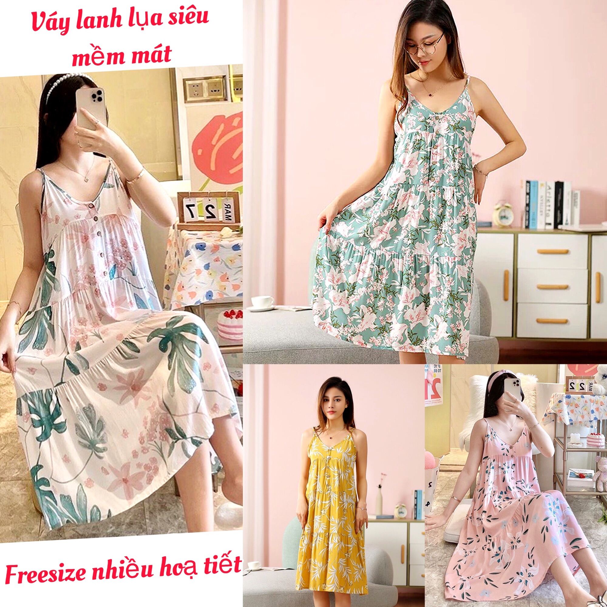 Váy đầm cotton lạnh tay lỡ phối bèo in hoa - Quần Áo Giá Xưởng