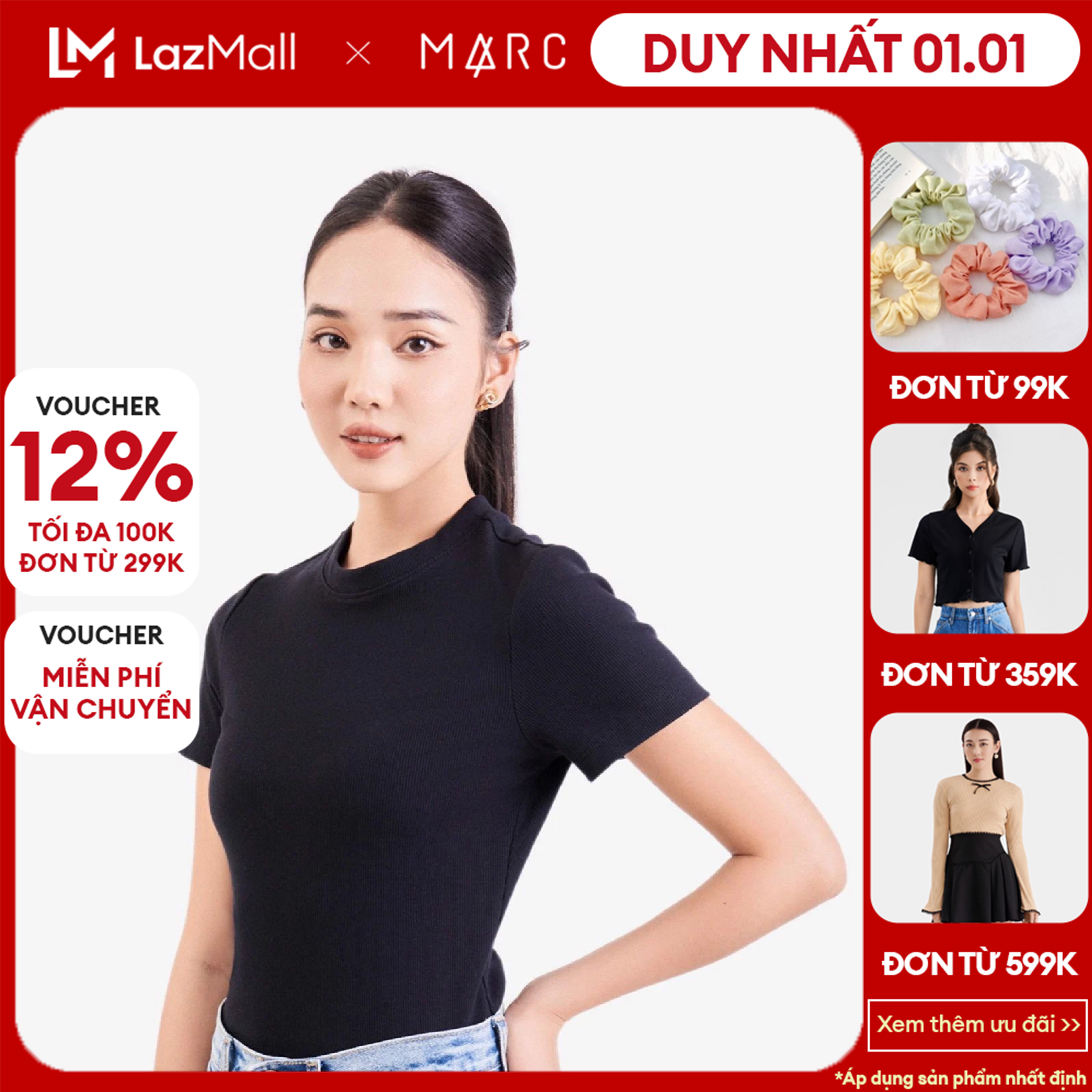 DUY NHẤT 01.01 VOUCHER 100K TẶNG ÁO ĐƠN 359K Áo Thun Nữ MARC FASHION Cổ Tròn Basic Form Ôm TP CBTN058722