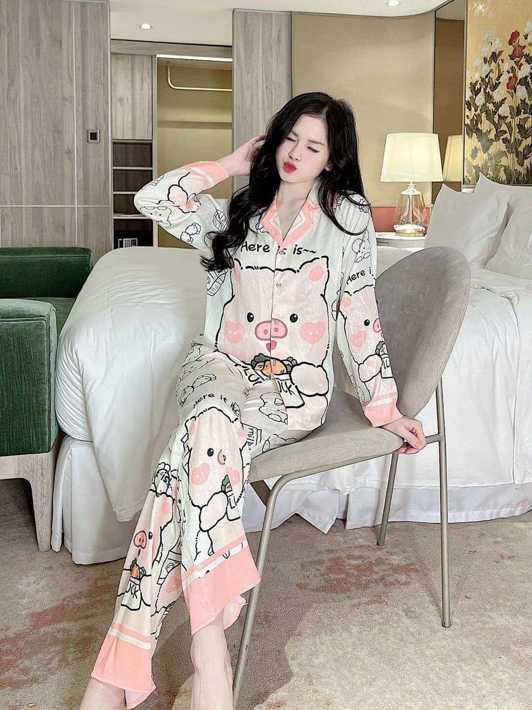 Bộ Đồ Ngủ Pijama Lụa Xước Cao Cấp Áo Tay Dài