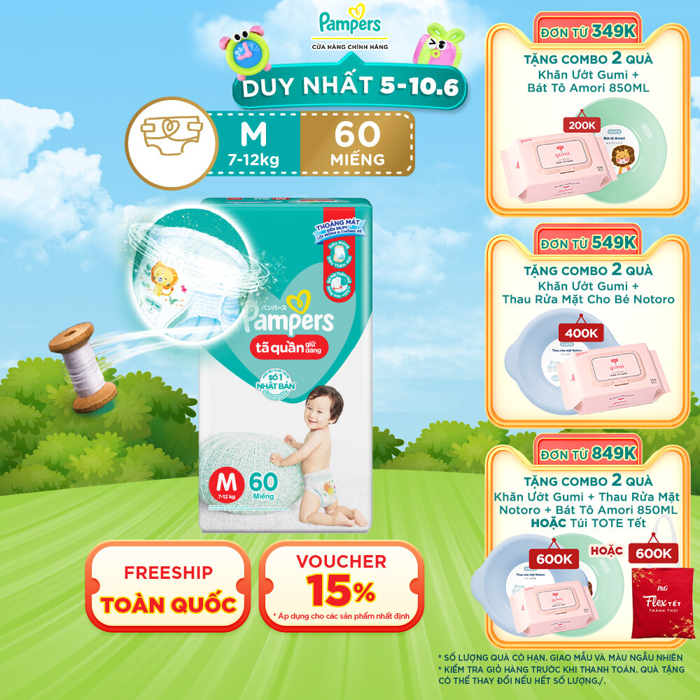 Tã/ Bỉm Quần PAMPERS Giữ Dáng Gói Đại, Size M (60 miếng, 7-12kg), Chống Xệ