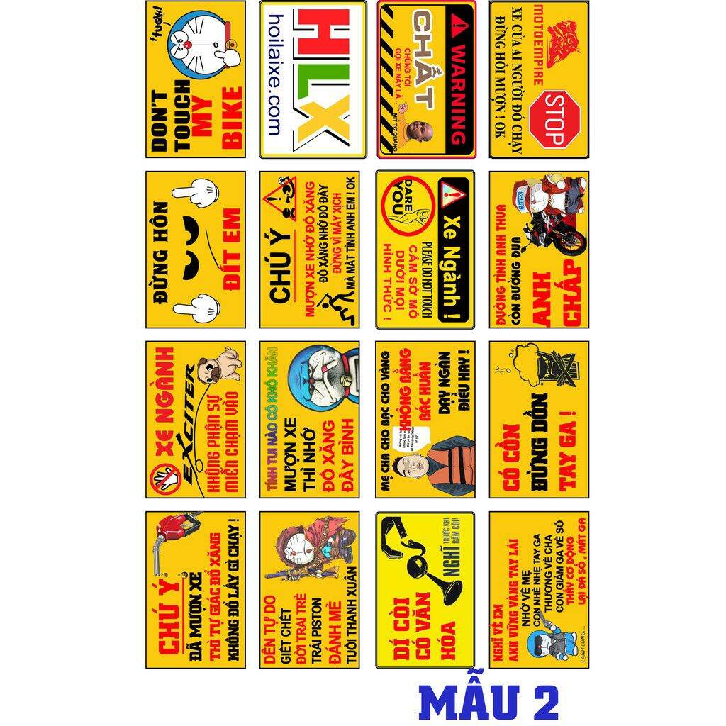 Tem tấm cảnh báo hài hước 2 gồm 16 tem 5x7cm decal cao cấp chống nước