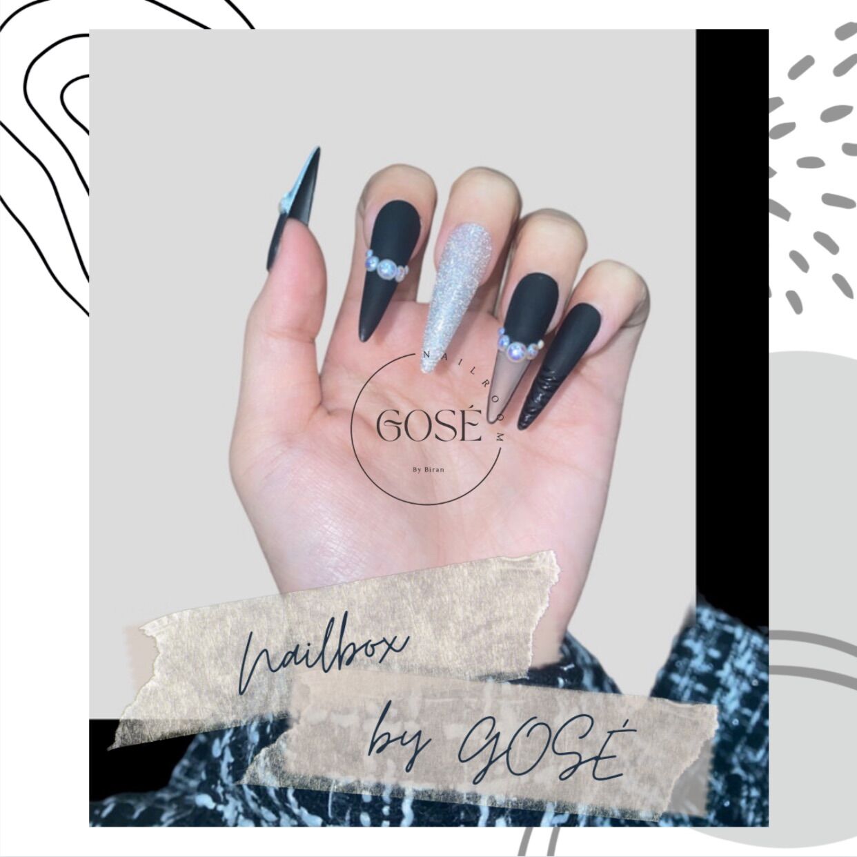 Nailbox móng úp thiết kế màu đen trắng cá tính nhũ flash tráng gương