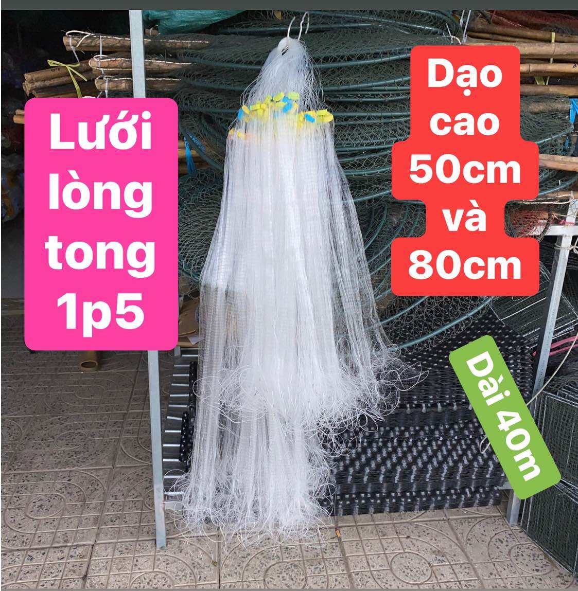 lưới đánh cá lòng tong lưới lòng tong đánh cá bé - Dài 45/50m - Cao 80/90cm và 40/50cm Mắt Lưới 06cm