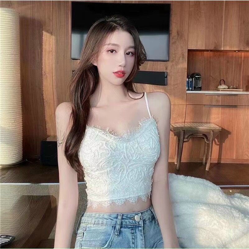 Áo bra hai dây viền ren dáng croptop nữ tính quyến rũ