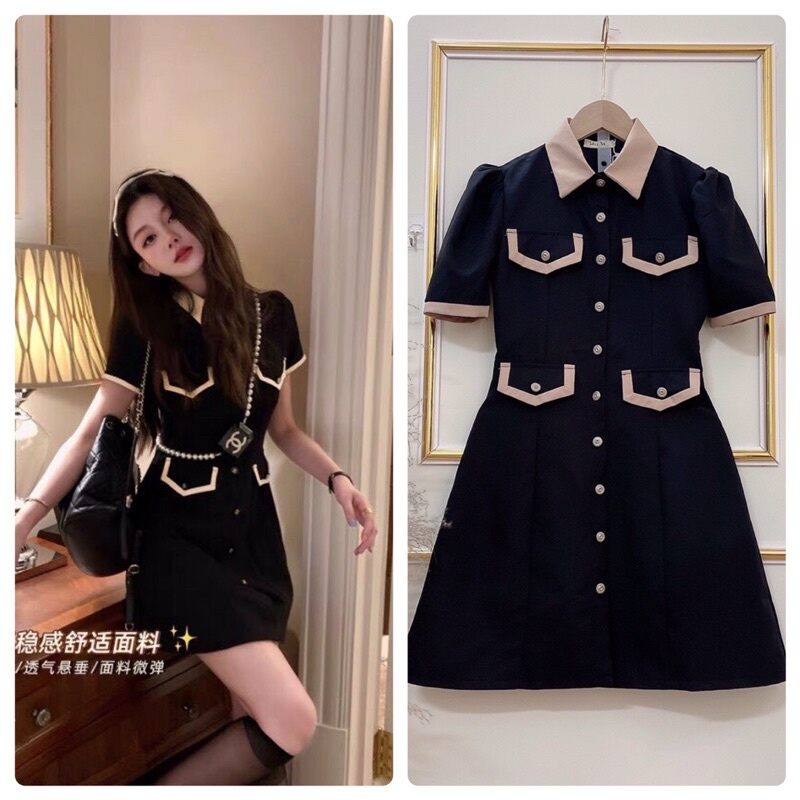 Đầm xoè cổ sơ mi viền túi viền cổ nâu xinh xắn đáng yêu
